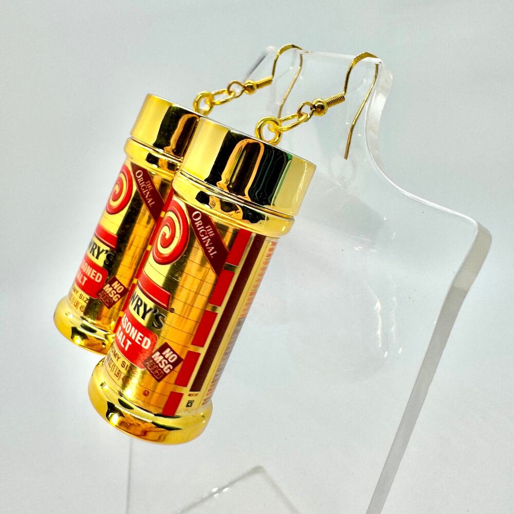 Gold Lawry’s Seasoning Earrings - Metallic Spice Dangles - Bold Foodcore Flair - Picture 4 of 8